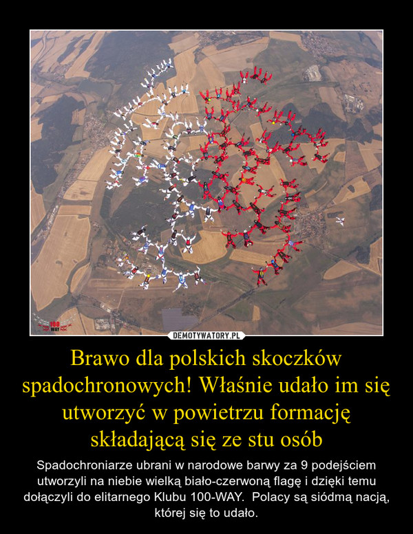 Brawo dla polskich skoczków spadochronowych! Właśnie udało im się utworzyć w powietrzu formację składającą się ze stu osób