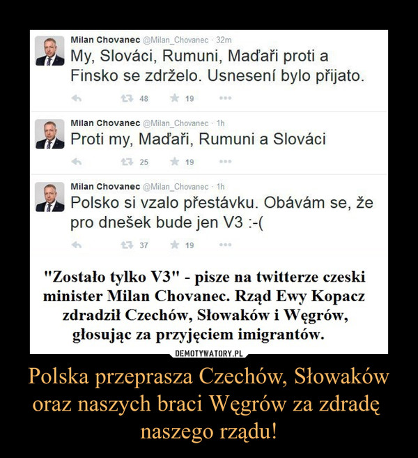 Polska przeprasza Czechów, Słowaków oraz naszych braci Węgrów za zdradę naszego rządu! –  