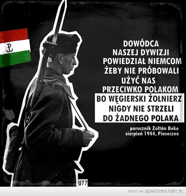 Polak, Węgier - dwa bratanki –  DOWÓDCA NASZEJ DYWIZJI POWIEDZIAŁ NIEMCOM ŻEBY NIE PRÓBOWALI UŻYĆ NAS PRZECIWKO POLAKOM BO WĘGIERSKI ŻOŁNIERZ NIGDY NIE STRZELI DO ŻADNEGO POLAKAPorucznik Zoltan bekeSierpień 1944, Piaseczno