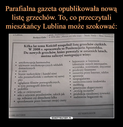 Parafialna gazeta opublikowała nową listę grzechów. To, co przeczytali mieszkańcy Lublina może szokować: