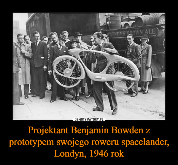 Projektant Benjamin Bowden z prototypem swojego roweru spacelander, Londyn, 1946 rok