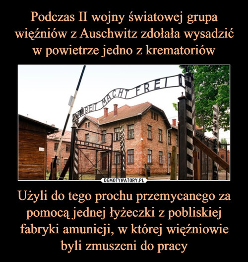 Podczas II wojny światowej grupa więźniów z Auschwitz zdołała wysadzić w powietrze jedno z krematoriów Użyli do tego prochu przemycanego za
pomocą jednej łyżeczki z pobliskiej fabryki amunicji, w której więźniowie byli zmuszeni do pracy
