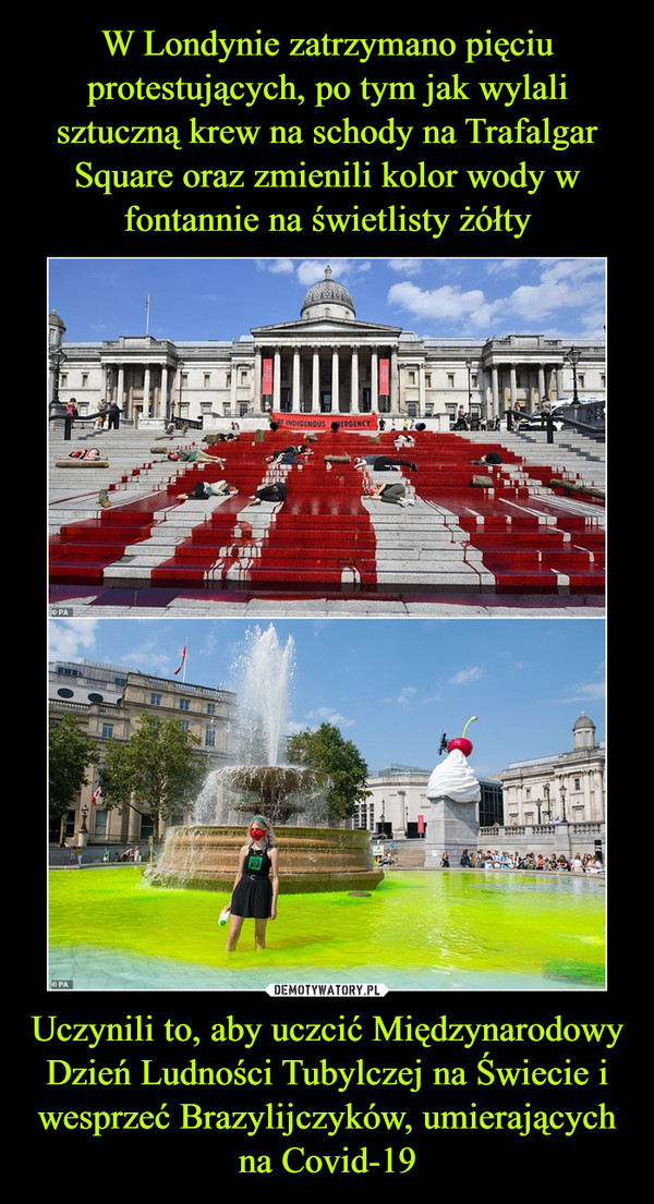 W Londynie zatrzymano pięciu protestujących, po tym jak wylali sztuczną krew na schody na Trafalgar Square oraz zmienili kolor wody w fontannie na świetlisty żółty Uczynili to, aby uczcić Międzynarodowy Dzień Ludności Tubylczej na Świecie i wesprzeć Brazylijczyków, umierających na Covid-19