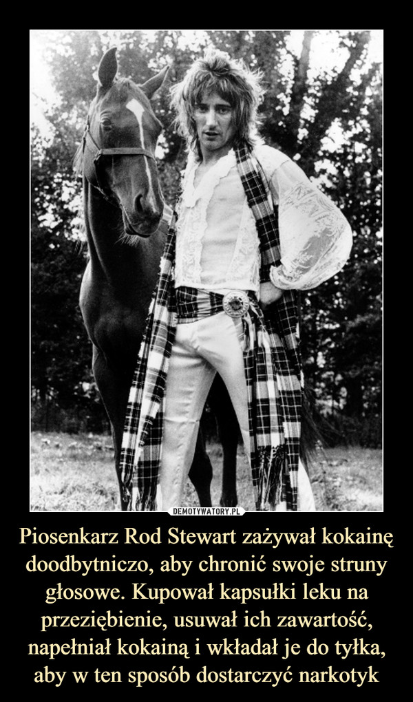 Piosenkarz Rod Stewart zażywał kokainę doodbytniczo, aby chronić swoje struny głosowe. Kupował kapsułki leku na przeziębienie, usuwał ich zawartość, napełniał kokainą i wkładał je do tyłka, aby w ten sposób dostarczyć narkotyk