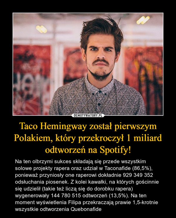 Taco Hemingway został pierwszym Polakiem, który przekroczył 1 miliard odtworzeń na Spotify!