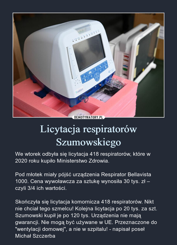 Licytacja respiratorów Szumowskiego