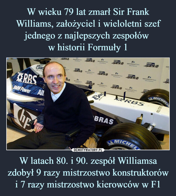 W wieku 79 lat zmarł Sir Frank Williams, założyciel i wieloletni szef jednego z najlepszych zespołów 
w historii Formuły 1 W latach 80. i 90. zespół Williamsa zdobył 9 razy mistrzostwo konstruktorów i 7 razy mistrzostwo kierowców w F1