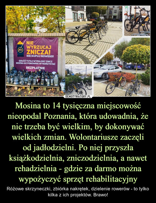 Mosina to 14 tysięczna miejscowość nieopodal Poznania, która udowadnia, że nie trzeba być wielkim, by dokonywać wielkich zmian. Wolontariusze zaczęli od jadłodzielni. Po niej przyszła książkodzielnia, zniczodzielnia, a nawet rehadzielnia - gdzie za darmo można wypożyczyć sprzęt rehabilitacyjny