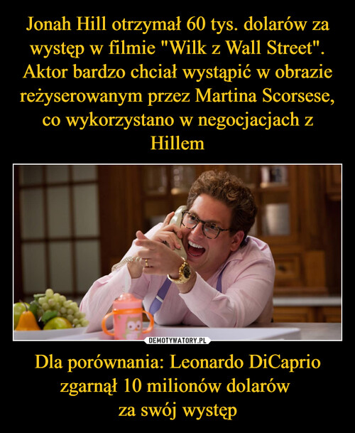 Jonah Hill otrzymał 60 tys. dolarów za występ w filmie "Wilk z Wall Street". Aktor bardzo chciał wystąpić w obrazie reżyserowanym przez Martina Scorsese, co wykorzystano w negocjacjach z Hillem Dla porównania: Leonardo DiCaprio zgarnął 10 milionów dolarów 
za swój występ