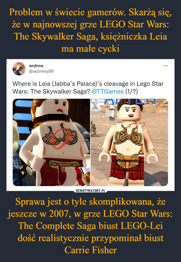Sprawa jest o tyle skomplikowana, że jeszcze w 2007, w grze LEGO Star Wars: The Complete Saga biust LEGO-Lei dość realistycznie przypominał biust Carrie Fisher –  