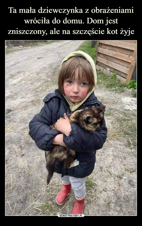 Ta mała dziewczynka z obrażeniami wróciła do domu. Dom jest zniszczony, ale na szczęście kot żyje