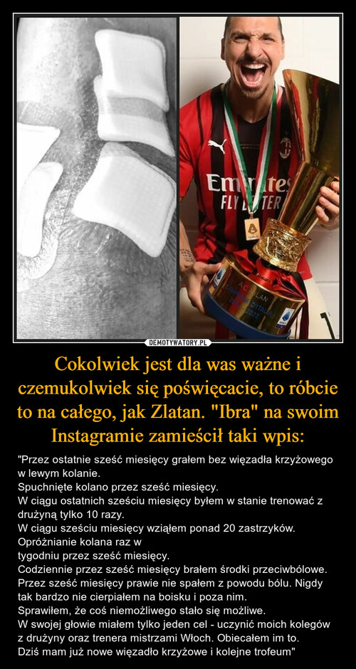 Cokolwiek jest dla was ważne i czemukolwiek się poświęcacie, to róbcie to na całego, jak Zlatan. "Ibra" na swoim Instagramie zamieścił taki wpis: