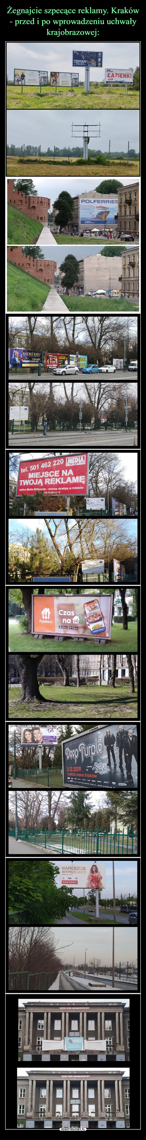 Żegnajcie szpecące reklamy. Kraków - przed i po wprowadzeniu uchwały krajobrazowej: