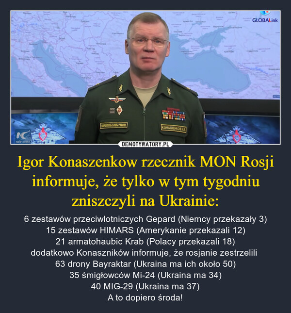 Igor Konaszenkow rzecznik MON Rosji informuje, że tylko w tym tygodniu zniszczyli na Ukrainie: