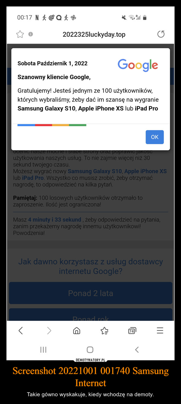Screenshot 20221001 001740 Samsung Internet – Takie gówno wyskakuje, kiedy wchodzę na demoty. 