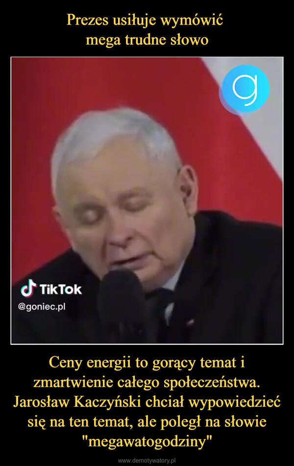 Ceny energii to gorący temat i zmartwienie całego społeczeństwa. Jarosław Kaczyński chciał wypowiedzieć się na ten temat, ale poległ na słowie "megawatogodziny" –  