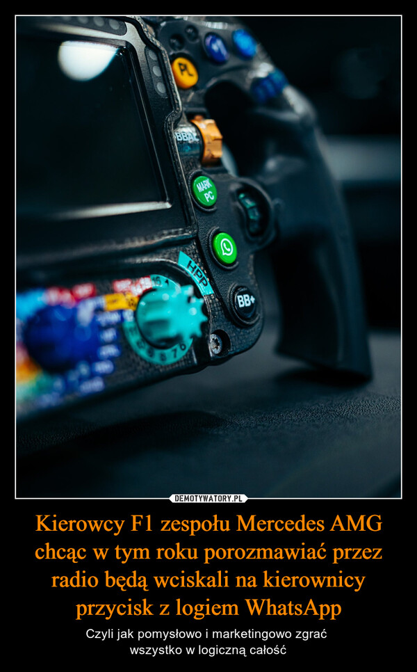 Kierowcy F1 zespołu Mercedes AMG chcąc w tym roku porozmawiać przez radio będą wciskali na kierownicy przycisk z logiem WhatsApp