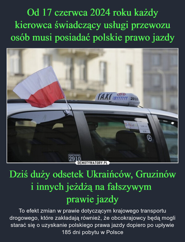 Od 17 czerwca 2024 roku każdy kierowca świadczący usługi przewozu osób musi posiadać polskie prawo jazdy Dziś duży odsetek Ukraińców, Gruzinów i innych jeżdżą na fałszywym 
prawie jazdy