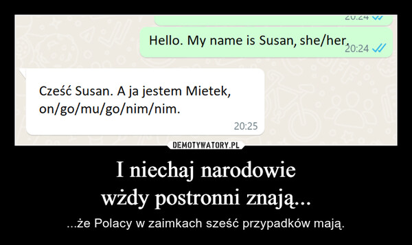 I niechaj narodowiewżdy postronni znają... – ...że Polacy w zaimkach sześć przypadków mają. Hello. My name is Susan, she/her,20:24Cześć Susan. A ja jestem Mietek,on/go/mu/go/nim/nim.20:25